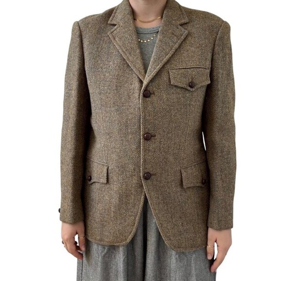 Vintage Harris Tweed Blue Brown Wool Chevron Woven in Scotland Sport Coat Blazer - Picture 5 of 11
